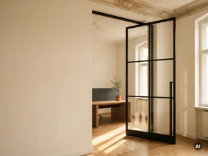 Matte-schwarze Stahl-Glas-Pivottür in einem Altbau-Büro mit Stuckgesims, Eichenparkett und Schreibtisch im Hintergrund.