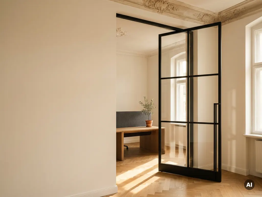 Matte-schwarze Stahl-Glas-Pivottür in einem Altbau-Büro mit Stuckgesims, Eichenparkett und Schreibtisch im Hintergrund.