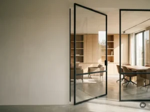 Stahl-Glas-Pivottür mit mattschwarzem Rahmen in einem eleganten Anwaltsbüro mit Eichenregalen und Lederbestuhlung.