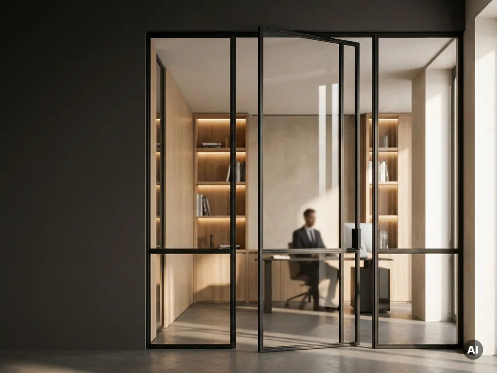 Mattschwarze Stahl-Glas-Pivottür in einem europäischen Büro mit Eichenholzregalen und einer silhouettierten Person im Hintergrund.