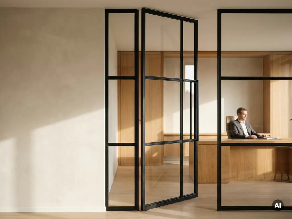 Mattschwarze Stahl-Glas-Pivottür mit schlanken Profilen in einem eleganten Büro, Eichenholzschreibtisch und helle Putzwände im Hintergrund.