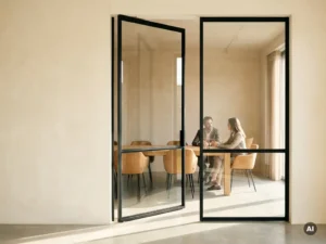 Stahl-Glas-Pivottür mit mattschwarzem Rahmen in modernem Meetingraum, zwei Personen im Gespräch durch die Verglasung sichtbar.