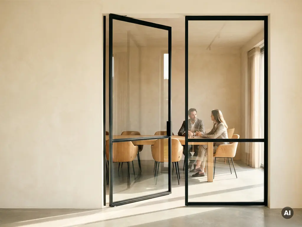 Stahl-Glas-Pivottür mit mattschwarzem Rahmen in modernem Meetingraum, zwei Personen im Gespräch durch die Verglasung sichtbar.