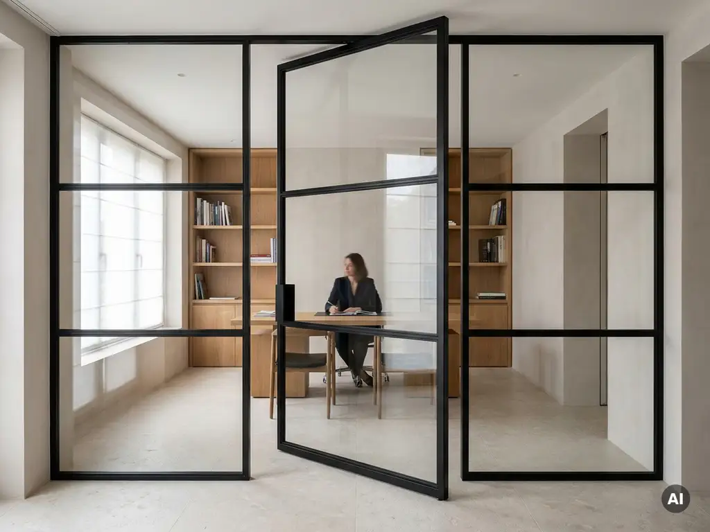 Mattschwarze Stahl-Glas-Pivottür in einem europäischen Führungsbüro mit Eichenregalen und Natursteinwänden im Hintergrund.