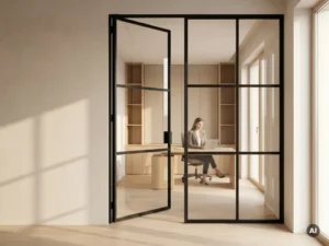 Stahl-Glas-Pivottür mit matten schwarzen Profilen in einem europäischen Büro, dahinter Eichenregale und ein Mitarbeiter am Schreibtisch.