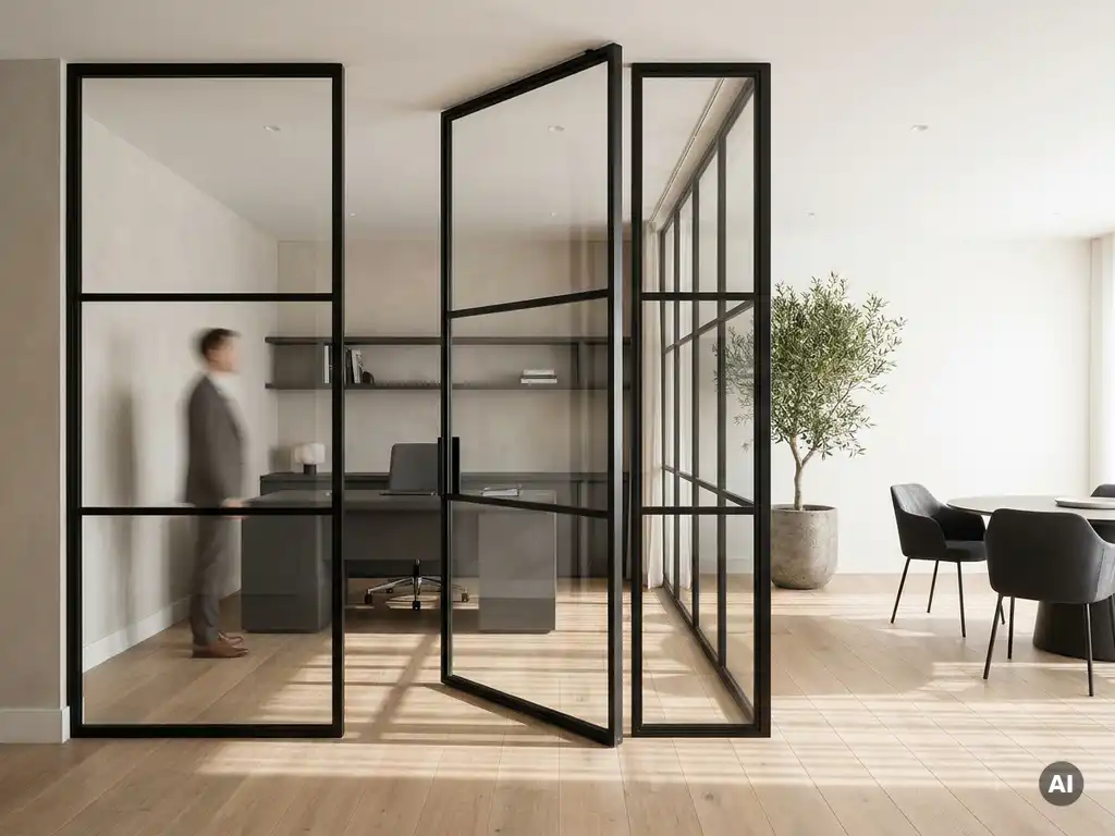 Stahl-Glas-Pivottür mit mattschwarzem Rahmen zwischen Büro und Arbeitsbereich, Eichenparkett mit Schattenlinien, natürliches Tageslicht.