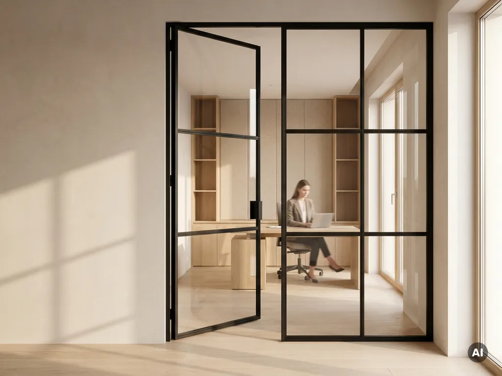 Stahl-Glas-Pivottür mit matten schwarzen Profilen in einem europäischen Büro, dahinter Eichenregale und ein Mitarbeiter am Schreibtisch.