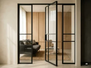 Stahl-Glas-Pivottür mit matten schwarzen Profilen öffnet den Blick in eine elegante Bürolounge mit Eichenholzpaneelen und Designersofa.