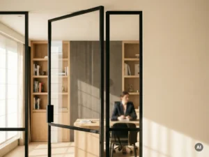 Stahl-Glas-Pivottür mit mattschwarzem Slim-Profil in einem europäischen Executive-Büro mit Natureichenregalen und hellem Tageslicht.