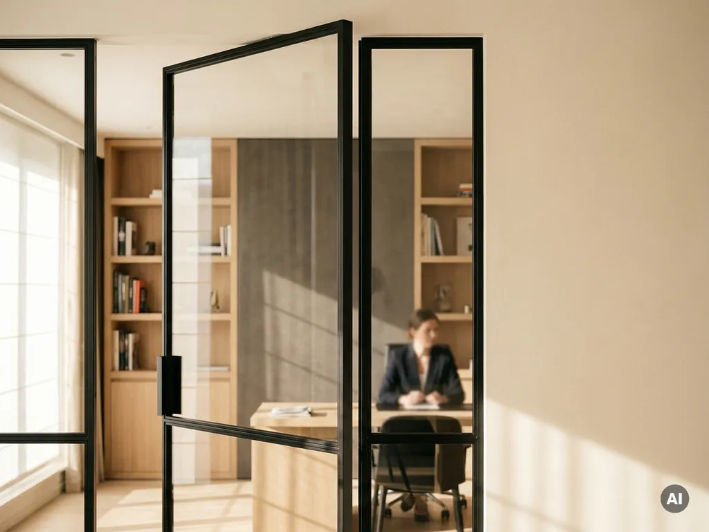 Stahl-Glas-Pivottür mit mattschwarzem Slim-Profil in einem europäischen Executive-Büro mit Natureichenregalen und hellem Tageslicht.