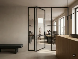 Mattschwarze Stahl-Glas-Pivottür mit schlanken Profilen trennt einen modernen Büroempfang vom Arbeitsbereich, Eichenholzschreibtisch im Hintergrund.