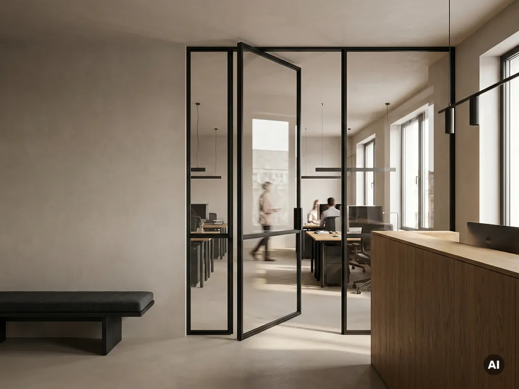Mattschwarze Stahl-Glas-Pivottür mit schlanken Profilen trennt einen modernen Büroempfang vom Arbeitsbereich, Eichenholzschreibtisch im Hintergrund.