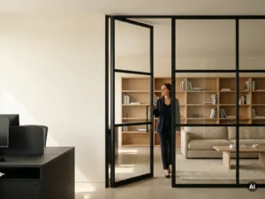 Stahl-Glas-Pivottür mit mattschwarzem Rahmen teilt ein modernes Büro in Fokuszone und Lounge, Person geht hindurch.