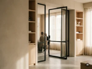 Stahl-Glas-Pivottür mit matten schwarzen Profilen in modernem Büro, lichte Eiche und Putzwände, Person im Besprechungsraum sichtbar.