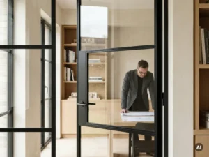 Raumhohe Stahl-Glas-Drehtür mit matten schwarzen Slim-Profilen in einem eleganten Immobilienbüro mit Eichenregalen und Naturlicht.