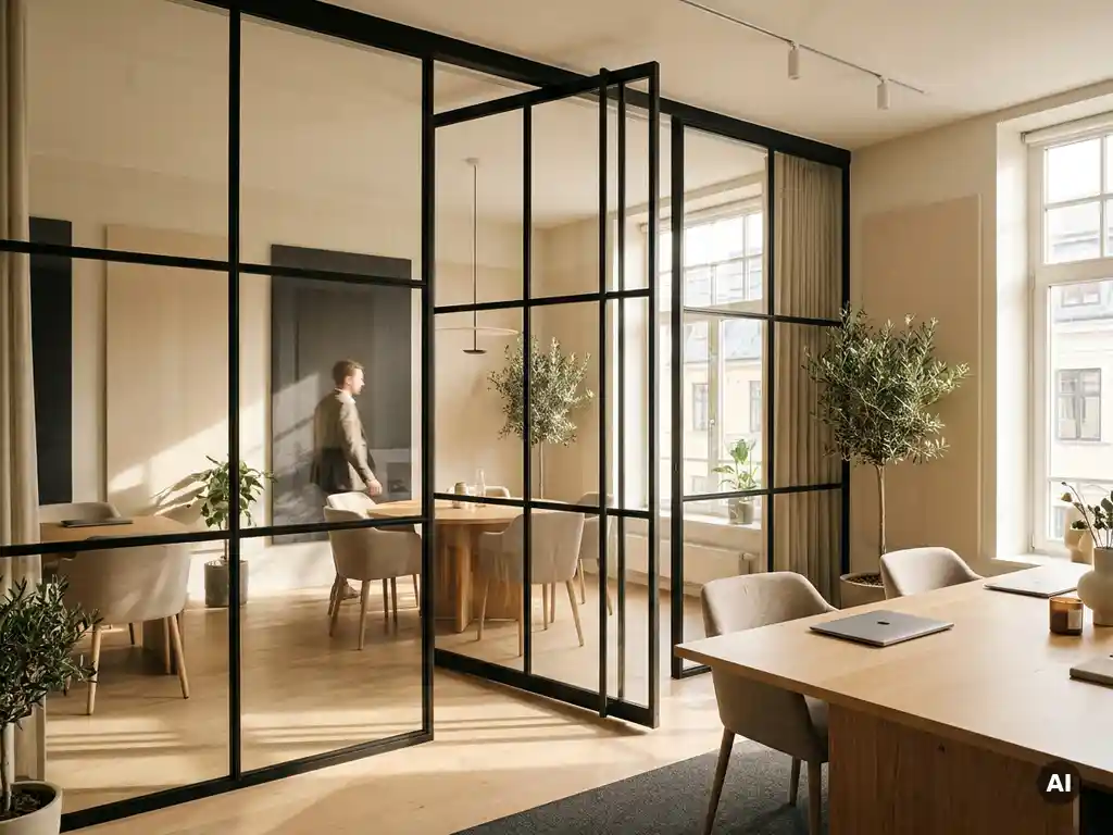 Matte-schwarze Stahl-Glas-Pivottür mit schlanken Profilen trennt Meetingzone von offenem Arbeitsbereich in modernem europäischen Büro.