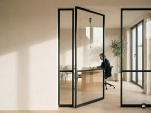 Stahl-Glas-Pivottür mit matten Schwarzprofilen in modernem Büro, Eichenholzschreibtisch und Naturlicht im Hintergrund.
