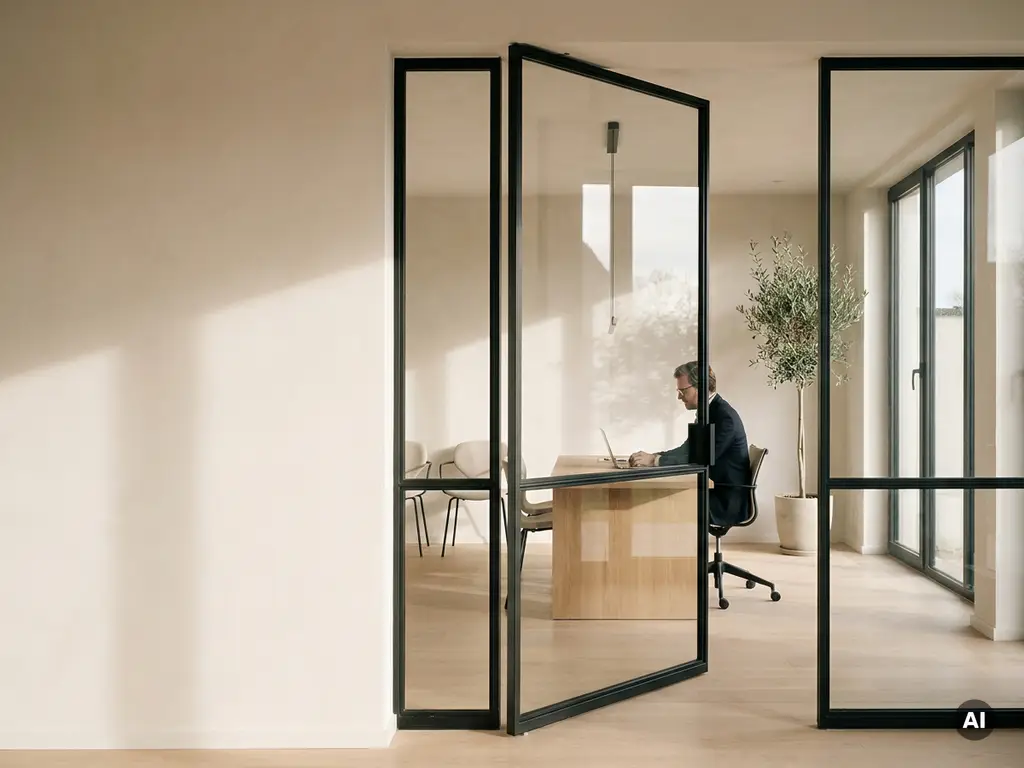 Stahl-Glas-Pivottür mit matten Schwarzprofilen in modernem Büro, Eichenholzschreibtisch und Naturlicht im Hintergrund.