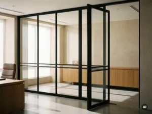 Raumhohe Stahl-Glas-Pivottür mit matten schwarzen Profilen trennt Büro und Besprechungsraum, Sichtbeton, Eichenholz-Sideboard.
