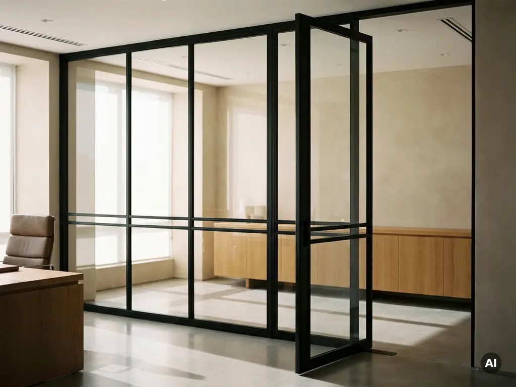 Raumhohe Stahl-Glas-Pivottür mit matten schwarzen Profilen trennt Büro und Besprechungsraum, Sichtbeton, Eichenholz-Sideboard.
