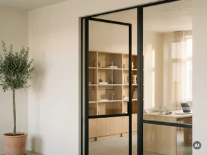 Raumhohe Stahl-Glas-Pivottür mit mattschwarzem Rahmen in einem eleganten europäischen Büro mit Natureichenregal und Designerschreibtisch.