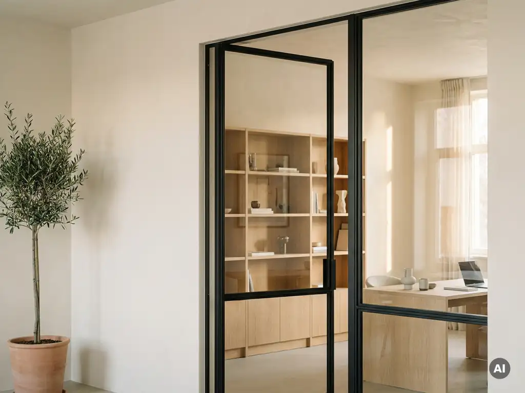 Raumhohe Stahl-Glas-Pivottür mit mattschwarzem Rahmen in einem eleganten europäischen Büro mit Natureichenregal und Designerschreibtisch.