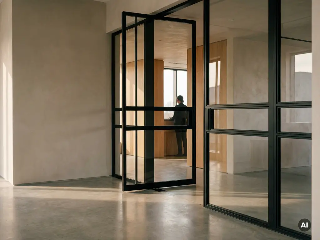 Raumhohe Stahl-Glas-Pivottür mit matten Schwarzprofilen in einer eleganten Bürozentrum-Rezeption mit Natureichenholzverkleidung.