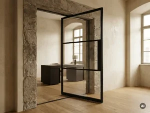 Mattschwarze Stahl-Glas-Pivottür in historischer Mauerwerk­wand mit Eichenparkett und antikem Putz, Tageslicht, Blick auf Schreibtisch.