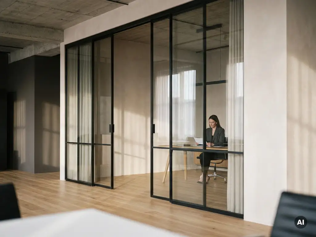 Stahl-Glas-Pivottür mit mattschwarzem Rahmen in einem Loft-Büro aus Industriebeton, Eichenparkett und natürlichem Tageslicht.