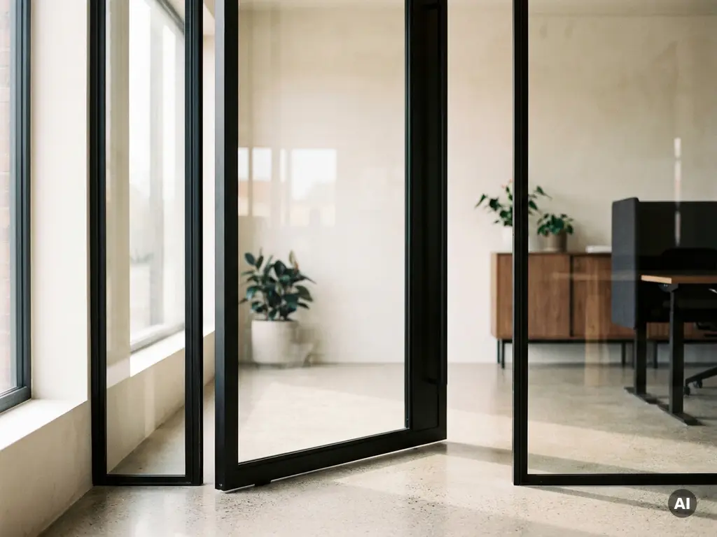 Schwarze Stahl-Glas-Pivottür in minimalistischem Büro mit Sichtbetonboden, weißen Putzwänden und natürlichem Tageslicht.