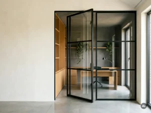 Matte schwarze Stahl-Glas-Pivottür in einem Kreativagentur-Studio mit Eichenregalen und Grünpflanzen im Hintergrund.
