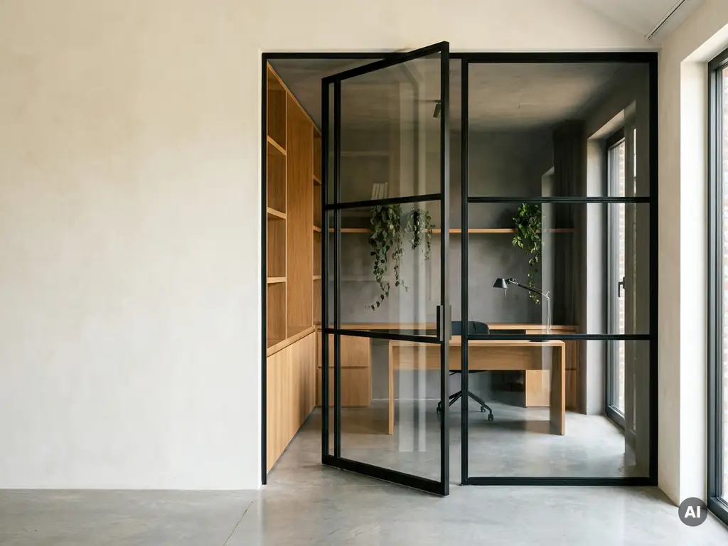 Matte schwarze Stahl-Glas-Pivottür in einem Kreativagentur-Studio mit Eichenregalen und Grünpflanzen im Hintergrund.