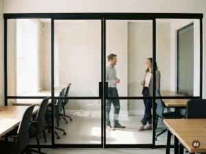 Mattschwarzes Stahl-Glas-Schiebesystem trennt modernen Coworking-Space, zwei Personen im Gespräch, Eichenholz-Oberflächen, natürliches Tageslicht.