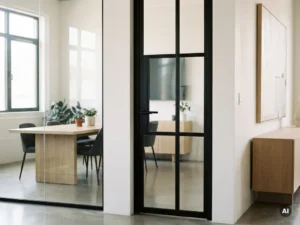 Schwarze Stahl-Glas-Lofttür mit geometrischen Profilen in modernem Büro, Sichtbetonboden, weiße Wände, natürliches Seitenlicht.